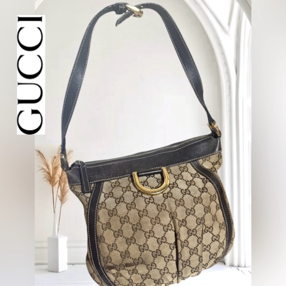 Authentic Gucci Abbey Gold D-Ring Shoulder Bag Canvas Cream/Brown GG LogoVintage